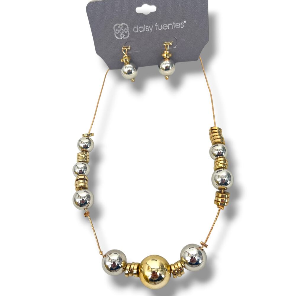 DAISY FUENTES Chunky Silver & Gold Tone Necklace and Earrings Set NWT